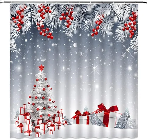 Miniatura 4 de Cortina de ducha de Feliz Navidad, bola de Navidad roja, camión retro, hojas de pino blanco, bayas, caja de regalo de Navidad, vacaciones, feliz año