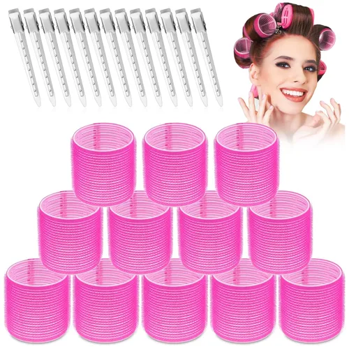 Juego de Rizadores de Pelo Jumbo - 24 Piezas con 12 Rizadores Grandes y 12 Clips para Cabello Largo y Grueso Voluminoso (Rosa Caliente)
