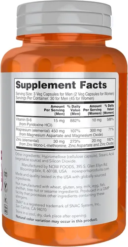 Miniatura 2 de NOW Foods Nutrición Deportiva, ZMA (Zinc, Magnesio y Vitamina B-6), Absorción Mejorada, Recuperación Deportiva*, 90 Cápsulas