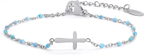 Miniatura 18 de Pulsera de Cuentas con Cruz Chapada en Oro de 14K para Mujeres, Pulsera de Acero Inoxidable Ajustable con Cruz de Fe Religiosa, Pulsera de Cadena