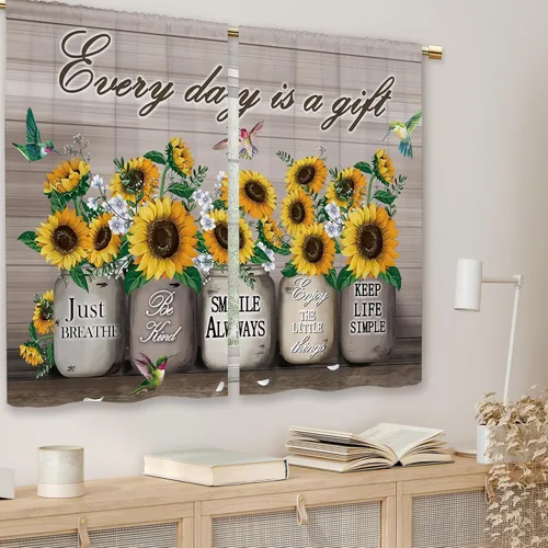 Miniatura 3 de Cortinas de Cocina de Girasol Estilo Granja, Cortinas de Ventana Cortas Pequeñas de Café con Flores Rústicas Florales del Campo, Cortinas de Ventana