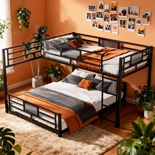 Miniatura 15 de Literas de tamaño matrimonial sobre individual e individual, litera triple de madera con cajones de almacenamiento, barandillas y escalera para 3