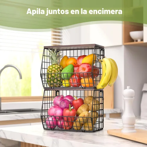 Miniatura 6 de Wawocs Tazón de frutas de 2 niveles, cesta de frutas para encimera de cocina, cesta apilable, cesta colgante montada en la pared, cestas de alambre