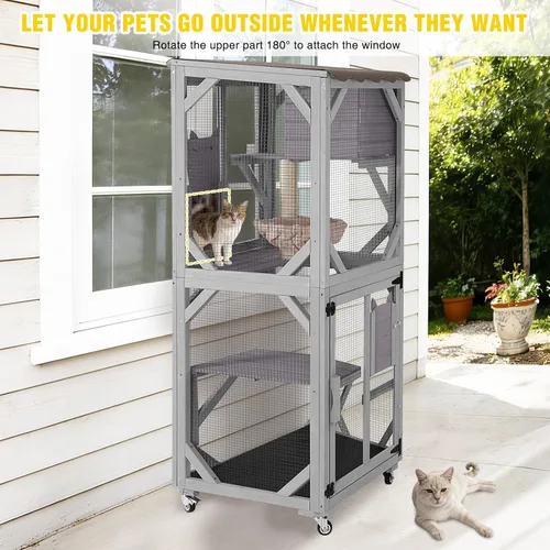 Miniatura 6 de Aivituvin Catio - Caja para gatos con ruedas, casa para gatos al aire libre con techo resistente a la intemperie, 3 plataformas, jaula portátil