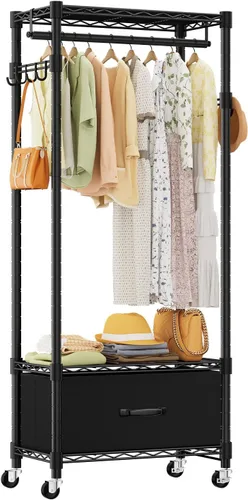 VyGrow Perchero de Ropa, Perchero de Ropa para Colgar Ropa, Sistema Organizador de Closet Ajustable de 3 Niveles con Cajón | Barra para Colgar |