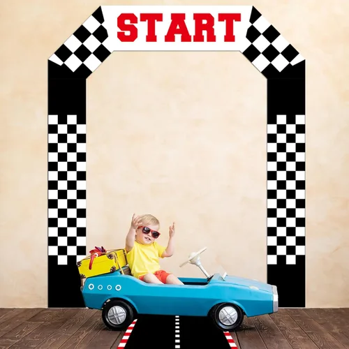 Miniatura 5 de Decoración de puerta de auto de carreras, pancarta de tela a cuadros para puerta de cumpleaños, tapete de pista de carreras para colgar