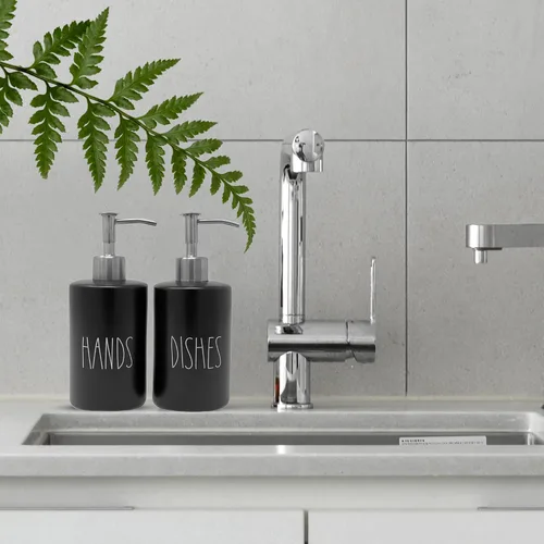 Miniatura 5 de Modern Farmhouse - Juego de dispensador de jabón para manos y platos de cerámica para cocina, bombas de acero inoxidable, botellas negras de 14