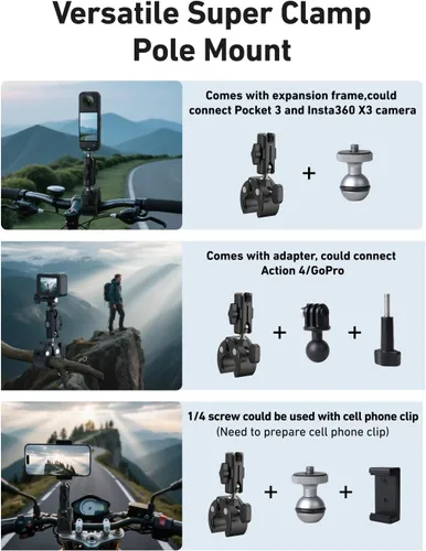 Miniatura 2 de Soporte de abrazadera para manillar de motocicleta para GoPro Insta360, 360 Bicicletas Dirtbike accesorio de montaje para DJI Osmo Action 6/Osmo