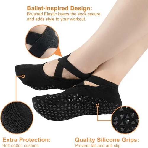 Miniatura 2 de Pauboland Paquete de 6 calcetines acolchados negros para mujer, antideslizantes, piyo barre, pilates, ballet, yoga, con agarres, talla 4-9