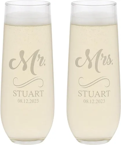 Miniatura 10 de Juego de 2 copas de champán personalizadas – Flautas de champán grabadas Mr and Mrs – Regalo de cristalería con tallo personalizado para boda