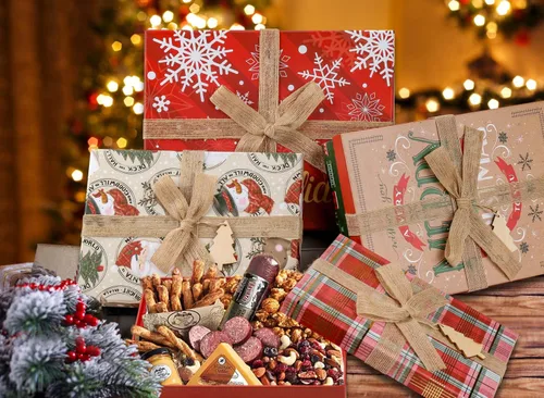 Miniatura 5 de Cajas de regalo de Navidad con tapas para regalos, juego grande de 4 cajas de regalo a granel rojo y marrón en varios diseños con lazos, decoración
