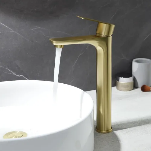 Miniatura 6 de TONNY Grifo de lavabo dorado, grifo alto dorado cepillado para fregadero de baño, 1 agujero, grifo de tocador de lavabo de una sola manija con Oro