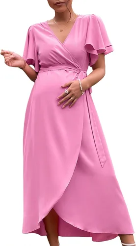 Miniatura 5 de Verdusa Vestido largo cruzado de maternidad para mujer, manga de mariposa, acampanado, con cinturón