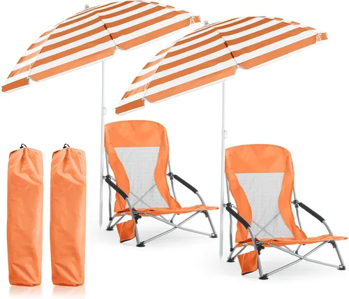 Miniatura 8 de Huwena Paquete de 2 sillas de playa con paraguas para adultos, juego de sillas plegables bajas, paraguas desmontable ajustable, ligero portátil