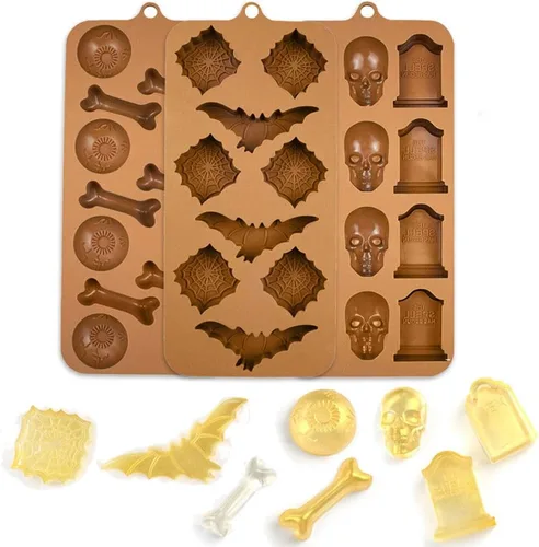 Miniatura 7 de Molde de silicona con forma de calavera de Halloween, murciélago, bruja, fantasma, bandeja de molde de calabaza, cabeza de calavera, gato