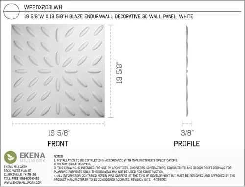 Miniatura 3 de Ekena Millwork WP20X20BLWH 19 5/8 pulgadas de ancho x 19 5/8 pulgadas de alto Blaze EnduraWall Decorativo 3D Panel de pared cubre 2.67 pies cuadrados