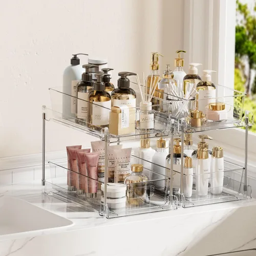 Miniatura 7 de Vtopmart - Organizadores de baño de 2 niveles, 2 piezas, transparentes, bajo el fregadero, almacenamiento para tocador o encimera, cajones