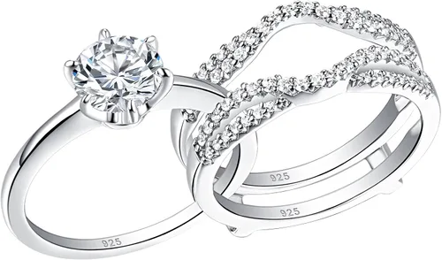 Wuziwen Anillos de boda para mujer juego de anillos de compromiso redondos con circonita cúbica y solitario plata de ley talla 4-13 Piedra Zirconia