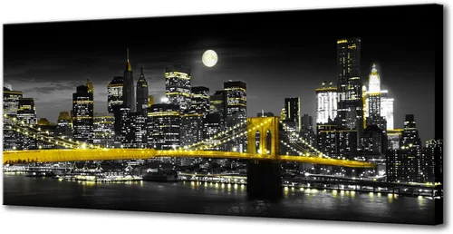 Biuteawal Impresión en lienzo amarillo en blanco y negro de la ciudad de Nueva York, puente de Brooklyn en la noche de la luna, pintura fotográfica
