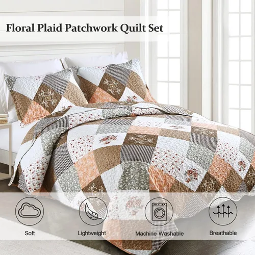 Miniatura 2 de Dinjoy Juego de edredón floral a cuadros de retazos tamaño California King, juego de ropa de cama reversible marrón de microfibra suave, colcha