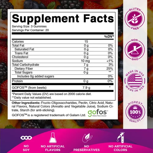 Miniatura 2 de Vitamatic Gomitas de fibra prebiótica para adultos – 7g de fibra por porción – 60 gomitas a base de pectina de fuerza extra, sin azúcar añadida
