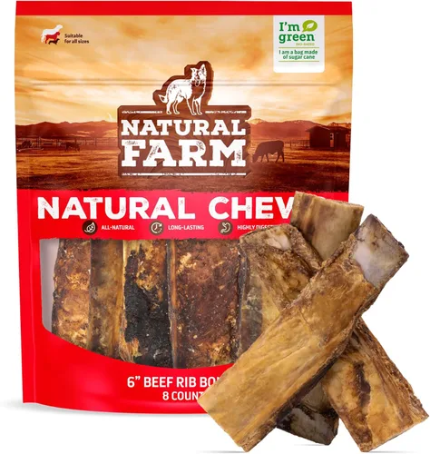 Natural Farm Costillas para perros (6 pulgadas, 8 unidades) – Costillas de res para perros, ganado criado en granja, sabor tostado lento, bajo olor