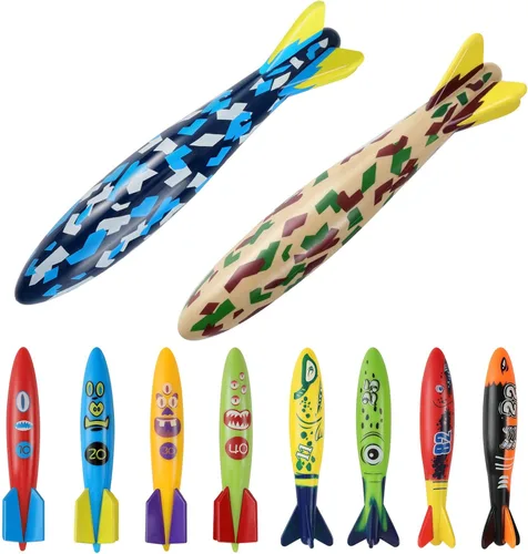 MoKo Paquete de 10 juguetes de torpedo para piscina, 2 cohetes grandes y 8 pequeños de buceo para niños y adultos, juguetes de deslizamiento de
