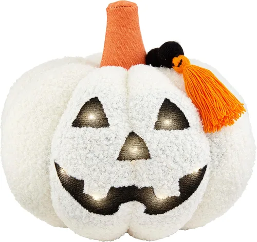 Miniatura 3 de Mud Pie Light Up Sherpa Jack-o-Lantern Almohada naranja, 8" x 9