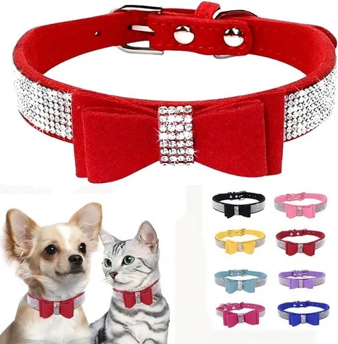 Miniatura 50 de Collar para perro con cristales de imitación, collar de piel sintética con brillantes para perro, gato y cachorro en color negro, tallas S M L XL