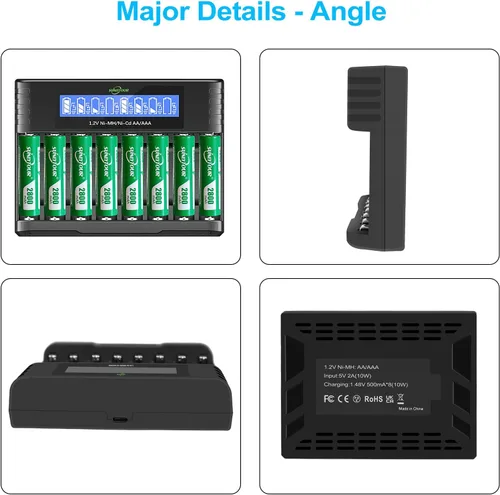 Miniatura 4 de Batería AA Ni-MH de 2800 mAh con cargador 8 pilas AA Ni-MH de 2800 mAh con 8 ranuras para cargador de batería, recarga hasta 1200 ciclos