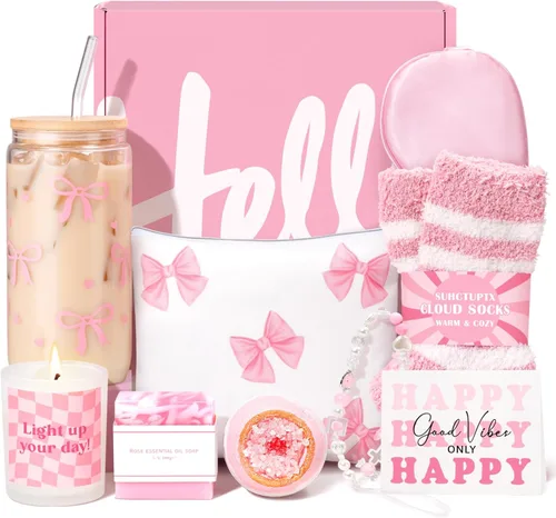 Cestas de regalo para mujeres, 9 piezas de regalos de cumpleaños para niñas adolescentes, mejor caja de ideas de Navidad con estética de lazo Rosa