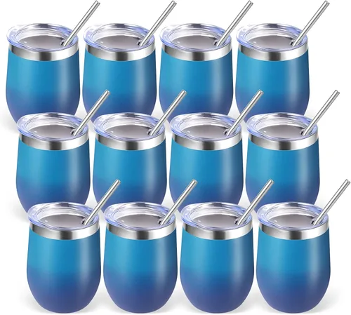 Miniatura 18 de Volhoply - Juego de 12 vasos de vino de 12 onzas con tapa, hechos de acero inoxidable con aislamiento al vacío de doble pared, vasos de vino sin Rosa