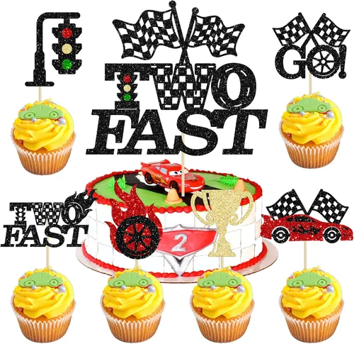 Gyufise 25Pcs Dos Decoraciones Rápidas de Tarta, Decoraciones de Tarta de Coche de Carreras, Decoraciones de Magdalenas con Tema de Carreras,