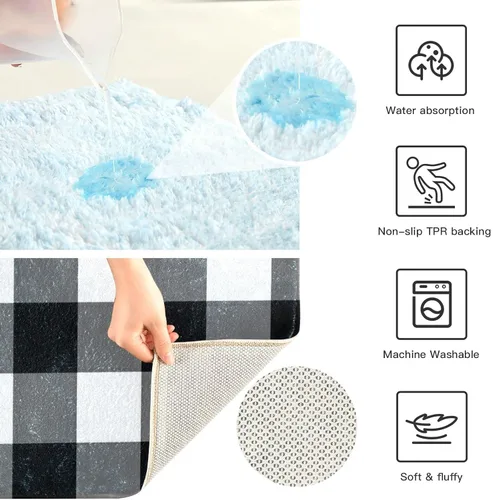 Miniatura 5 de Alfombra de baño a cuadros blancos y negros, suave, absorbente, lavable, alfombra de baño para piso de baño, alfombra de baño antideslizante