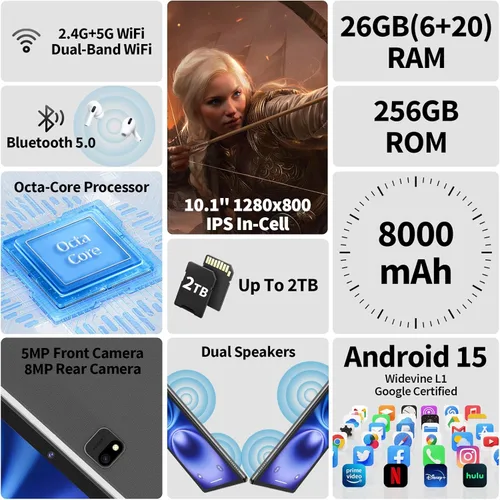 Miniatura 2 de Tablet Android con teclado, tableta Android 15 de 10 pulgadas, 26 GB+256 GB+2 TB expandir, tabletas 2 en 1 con 8 núcleos, WiFi 5G, 8000 mAh, BT5.0