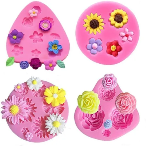 Juego de 4 moldes para fondant de flores y hojas, moldes de silicona para pasta de goma de girasol de margarita rosa para decoración de pasteles,