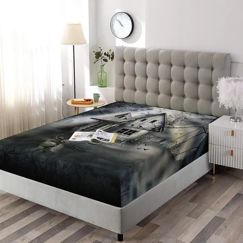 Miniatura 2 de XISUNYA Juego de sábanas decorativas tamaño Queen, juego de sábanas bajeras y 2 fundas de almohada con bolsillos profundos de Halloween