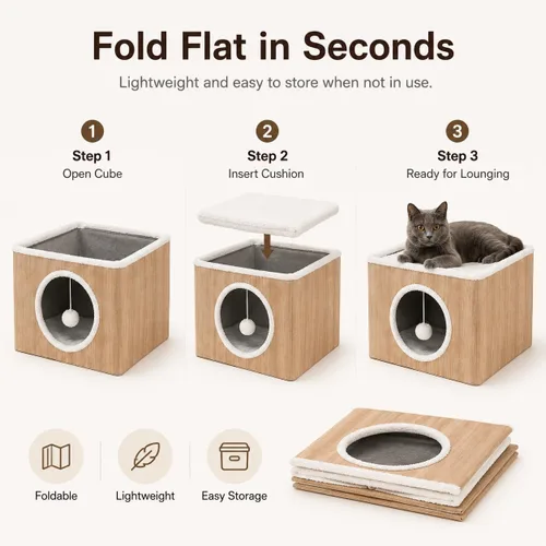 Miniatura 6 de Casa de condominio para gatos con cojines reversibles y bola esponjosa colgante, cubo plegable para gatos, cama cueva grande para gatitos