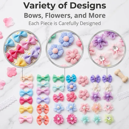 Miniatura 3 de 60pcs Dog Hair Bows with Rubber Bands – Handmade Mix of Bows and Flowers, Small Puppy Grooming Accessories for Yorkie & Tiny Dogs