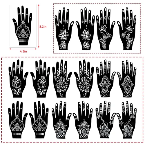 Miniatura 3 de 18 hojas de plantillas de henna para manos - plantillas temporales de tatuaje indias y árabes para arte en manos y cuerpo