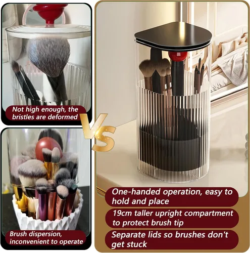 Miniatura 3 de Soporte para brochas de maquillaje con tapa, mecanismo de apertura y cierre con una sola mano, organizador de herramientas cosméticas, transparente