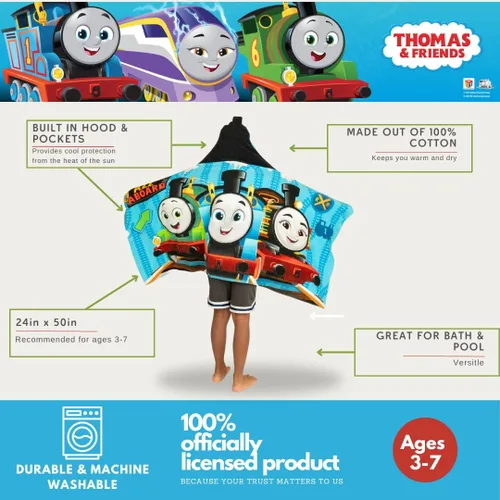 Miniatura 3 de Thomas & Friends - Toalla de rizo de algodón suave con capucha para niños, súper suave, 24 x 50 pulgadas, (producto 100% oficial) por Franco Thomas