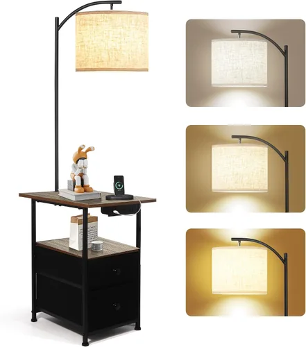 PESRAE Lámpara de pie con mesa y 2 cajones, mesa auxiliar con luz de lectura de 3 temperaturas de color, lámpara de mesa lateral con USB y tipo C y