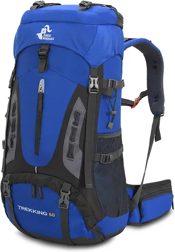 Bseash Mochila de senderismo para acampar de 60 litros con cubierta para lluvia, impermeable, gran capacidad, deportes al aire libre, viajes, Azul