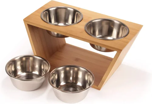 Miniatura 5 de BambooMN Comedero elevado para perros, soporte 100% bambú, 4 cuencos de metal para comida y agua, mediano