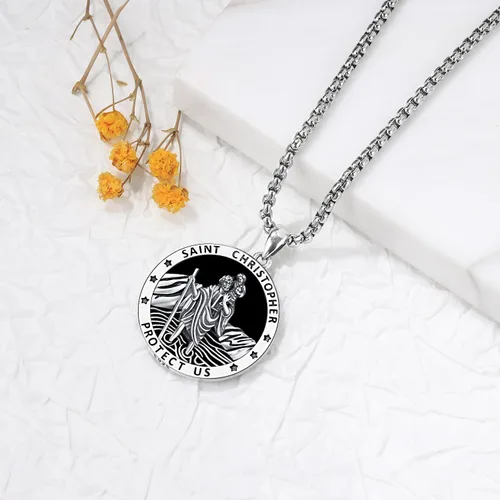 Miniatura 77 de Odinstone Collar de plata de ley 925 con medalla de San Miguel/San Cristóbal/San Benito/Crucifijo de Jesús/San Uriel/Arcángel Rafael para hombres