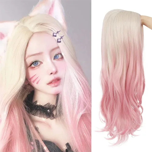 Peluca larga ondulada de rubio a rosa para mujer, rizada, resistente al calor, sintética, para Halloween, cosplay, pelucas de pelo
