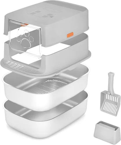 Miniatura 9 de Caja de arena tamizadora de acero inoxidable con tapa, bandeja de arena de metal con pala para gatos grandes y múltiples gatos, caja de arena