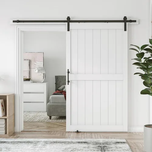 Miniatura 21 de Puerta corrediza de granero MDF de 30 x 80 pulgadas con kit de herrajes para puerta de granero de 5 pies, losa para puerta de granero con superficie