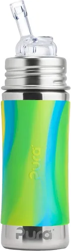 Pura Kiki Botella de acero inoxidable con sorbete de 11 onzas/325 ml con manga, 100% libre de plástico, certificada por MadeSafe, 100% de sorbete de
